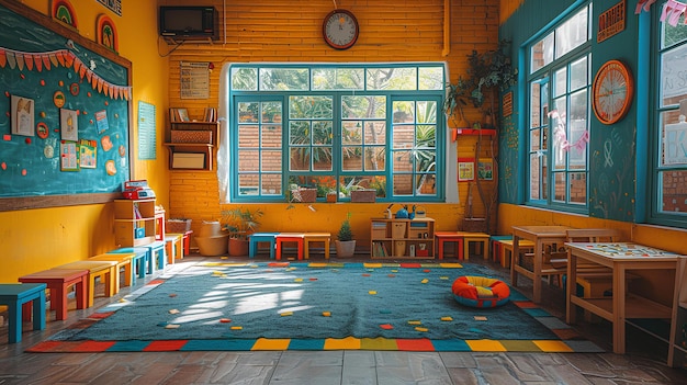 A room with a rug tables and chairs in it and a clock on the wall above the windows a stock