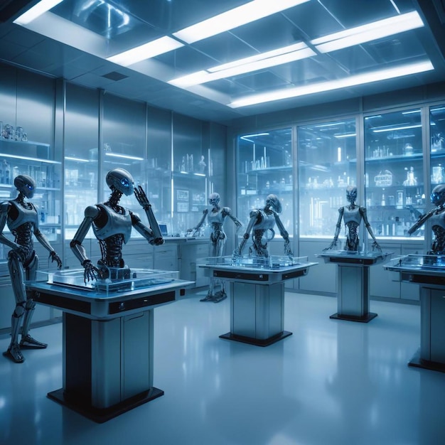 Photo a room with several robot statues and a shelf with glass figures on it