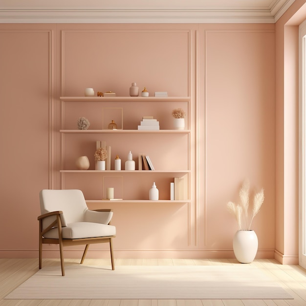 A room with a shelf that has a vase on it and a chair in front of it.