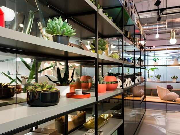 a room with a shelf with plants and a large window