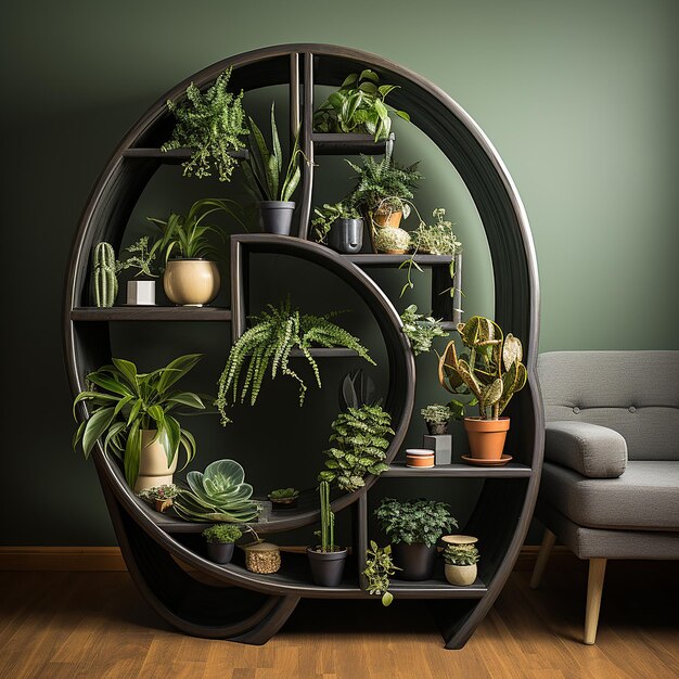 Photo a room with a shelf with potted plants and a couch