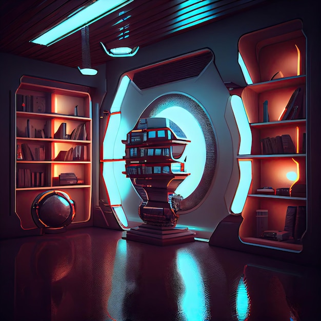 Room with shelves and lamps scifi futuristic interior created with generative ai