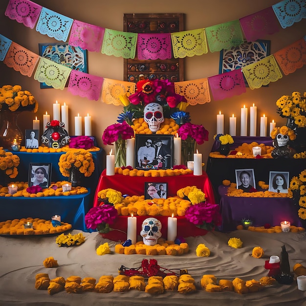 a room with a skull and flowers and a skull on the wall