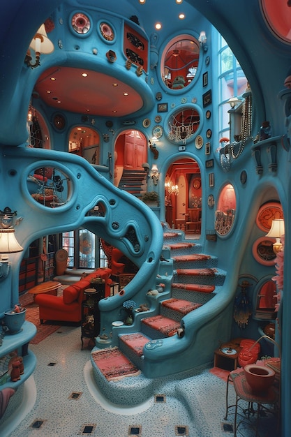 Photo a room with a spiral staircase and a spiral staircase