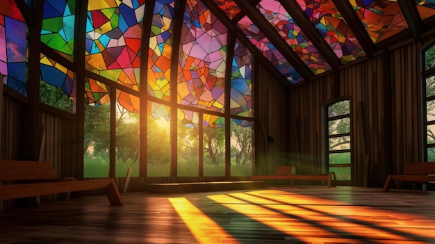 A room with a stained glass window and a colorful ceiling with the sun shining through it.