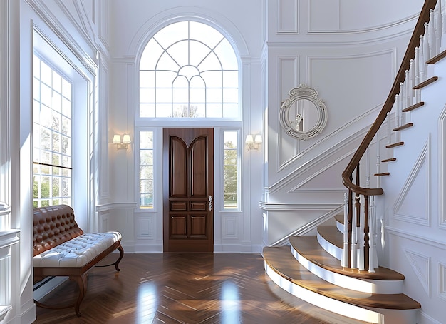 a room with a staircase and a clock on the wall