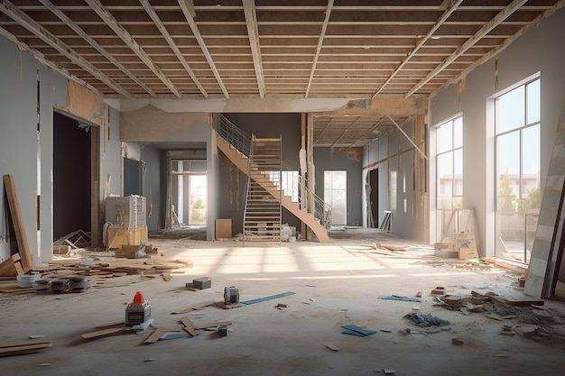 A room with a staircase and a staircase that is being repaired.