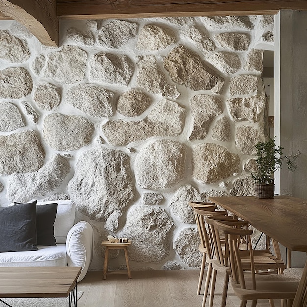 a room with a stone wall and a couch and a table with chairs and a wall made of stone