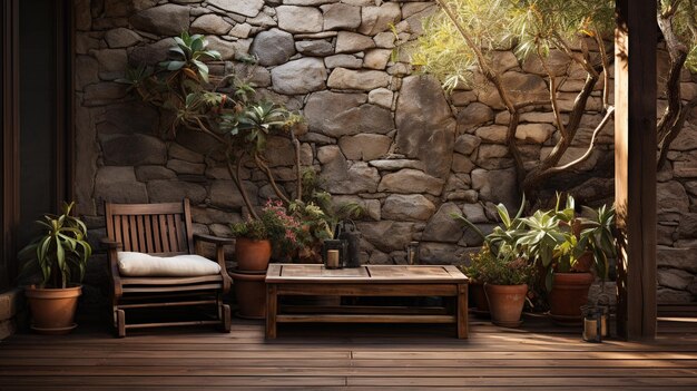 Photo a room with a stone wall and a wooden bench