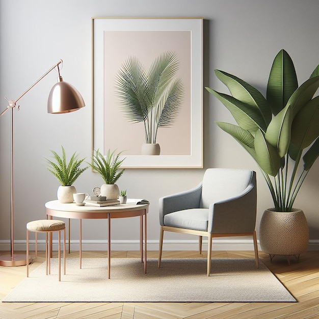 Room with table armchair tropical plant floor lamp mockup poster frame wall