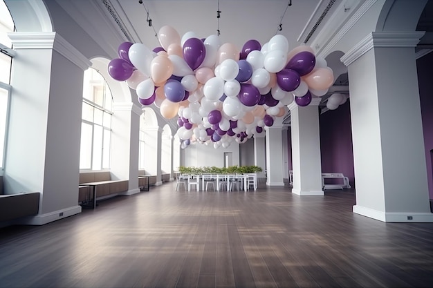 A room with a table and balloons hanging from the ceiling