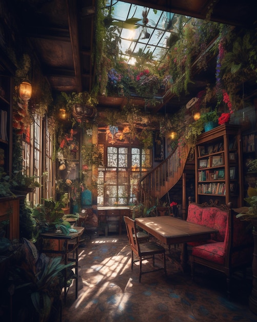 A room with a table and bookshelf with plants growing on it