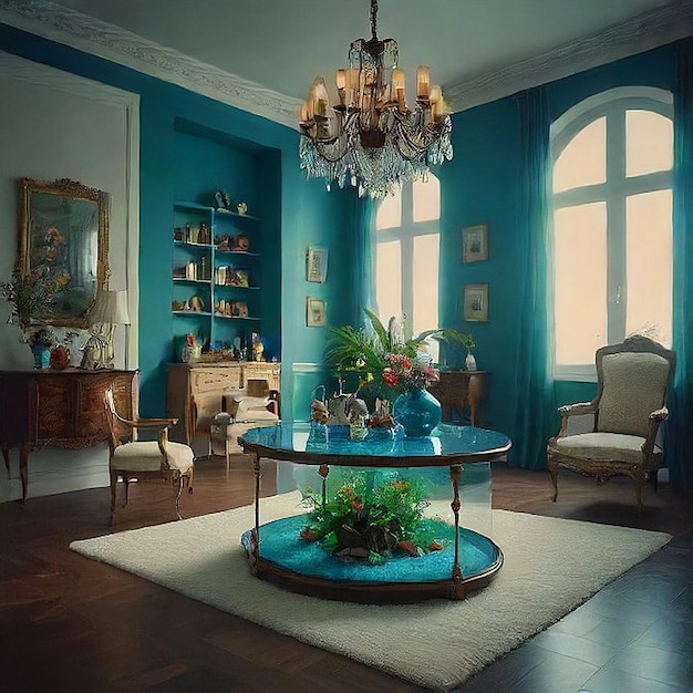 a room with a table and chairs and a chandelier with a blue table in it