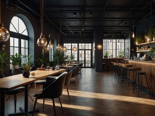 Photo a room with a table and chairs and lights and a window with the words  nook  on the wall