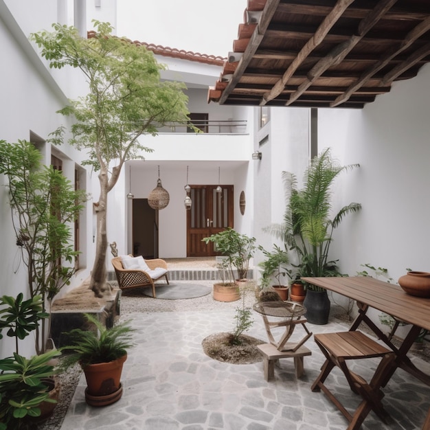 a room with a table and chairs and a plant in it