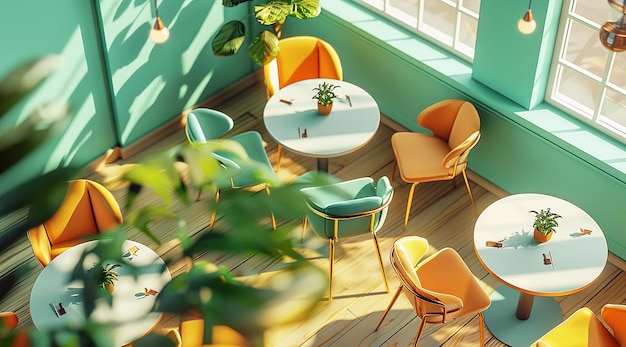 a room with a table and chairs and a plant on the table