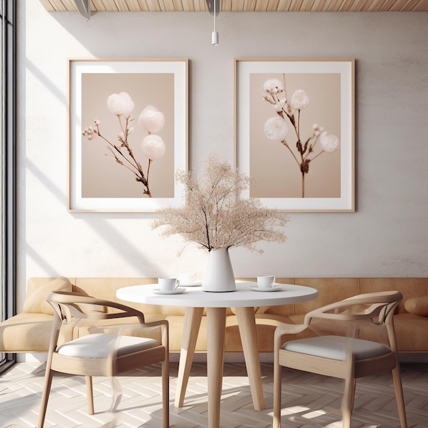 A room with a table and chairs and a vase of flowers on it.