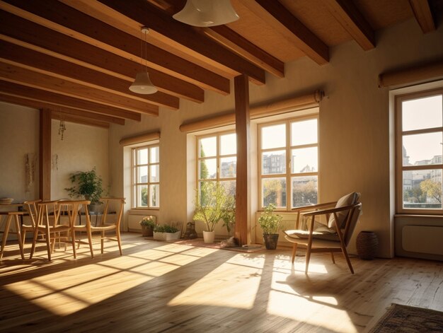 A room with a table and chairs and a window with the sun shining on it.