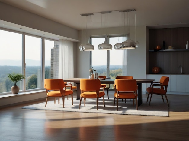 Photo a room with a table chairs and a window with a view of the mountains