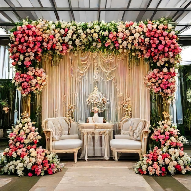 a room with a table and chairs with flowers and a statue on it