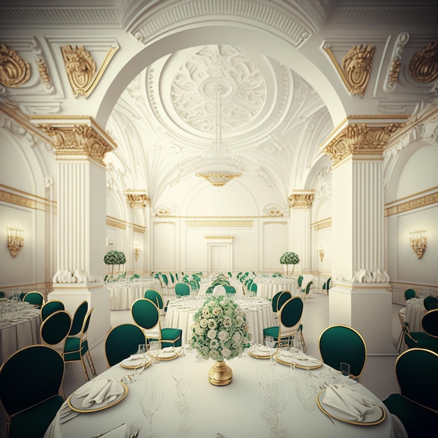 A room with a table and chairs with green chairs and gold trim.