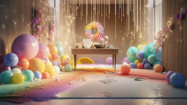 A room with a table and many colorful balloons on it