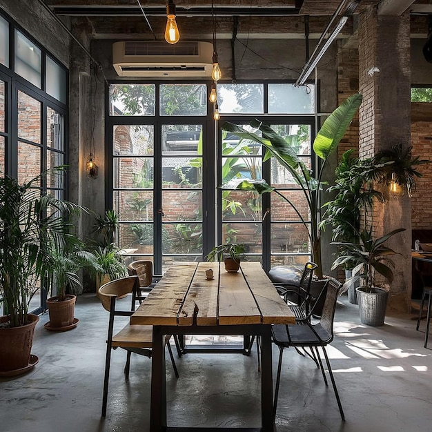 a room with a table and plants and a sign that says quot no quot