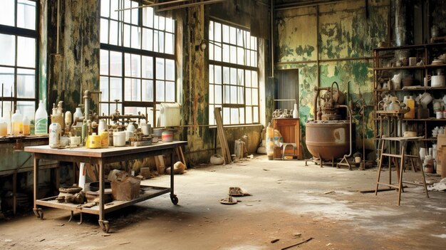 A room with a table and pots on it