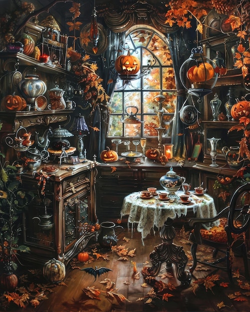 Photo a room with a table and pumpkins on it