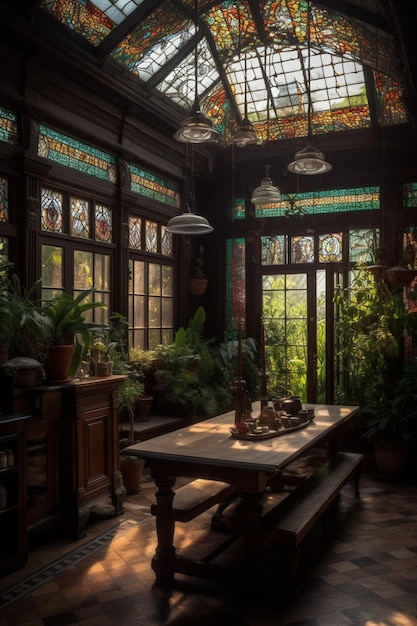 A room with a table and stained glass windows