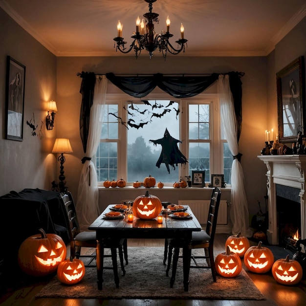 a room with a table and a table with pumpkins on it