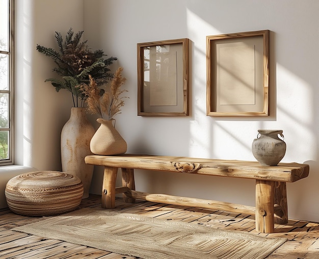 a room with a table and two vases on it