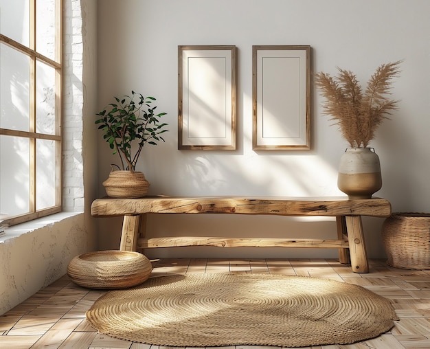 a room with a table and vases and a plant on the table