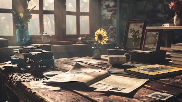 a room with a table with a sunflower on it and a picture of a sunflower on the table