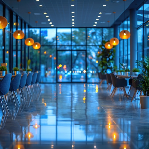 a room with tables and chairs and orange lights in the background