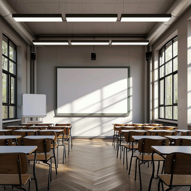 a room with tables and chairs and a white board that saysthe word quot on it