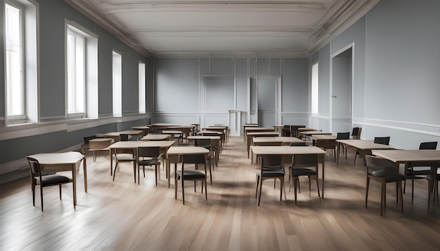 a room with tables and chairs with one that says  no one