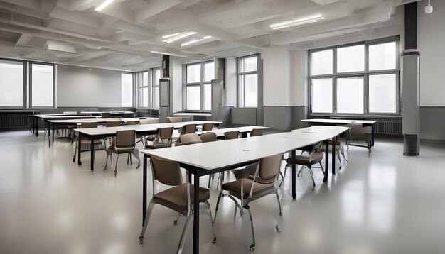 a room with tables and chairs with one that saysthe word  on it