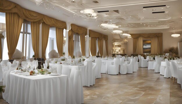 Photo a room with tables and chairs with a table cloth with flowers on it