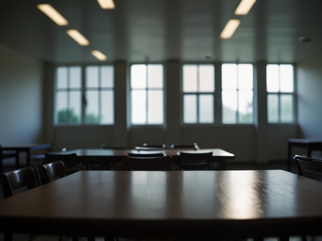 a room with tables and chairs with a table with chairs and windows