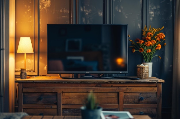 Room with television off and vase of flowers on table promoting relaxation and mindfulness