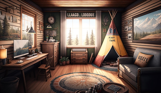 A room with a tent that says laclos lobo on it