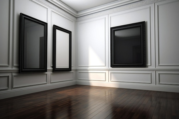 A room with three black frames on the wall.