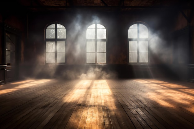 A room with three windows and a light coming through the window