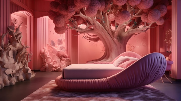 A room with a tree and a bed that says'pink room '