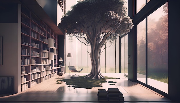 A room with a tree in it