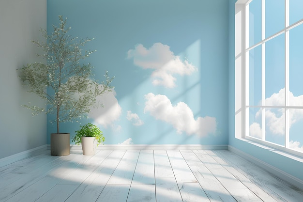 A room with a tree and a window with a sky background and a potted plant in the corner plain