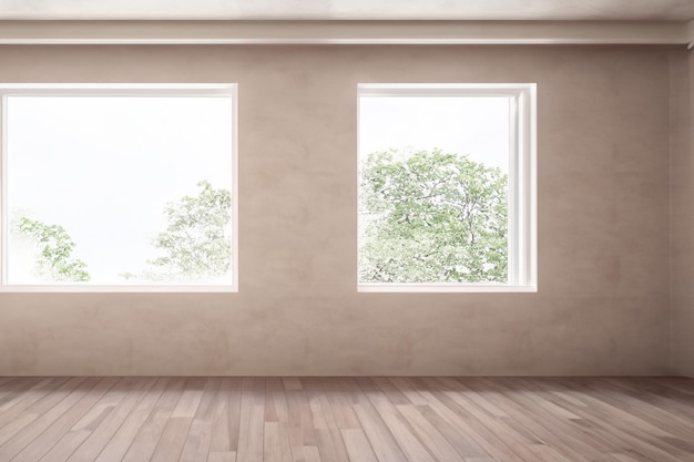 a room with a tree and a window with trees in the background