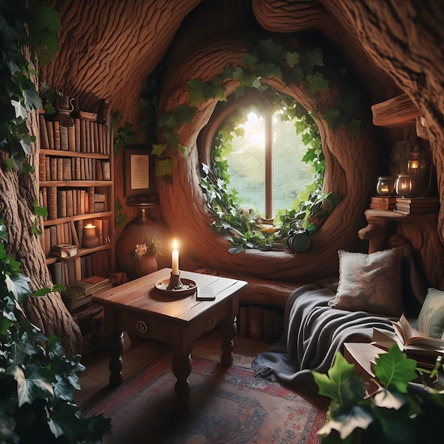 a room with a tree and a window with a view of the woods