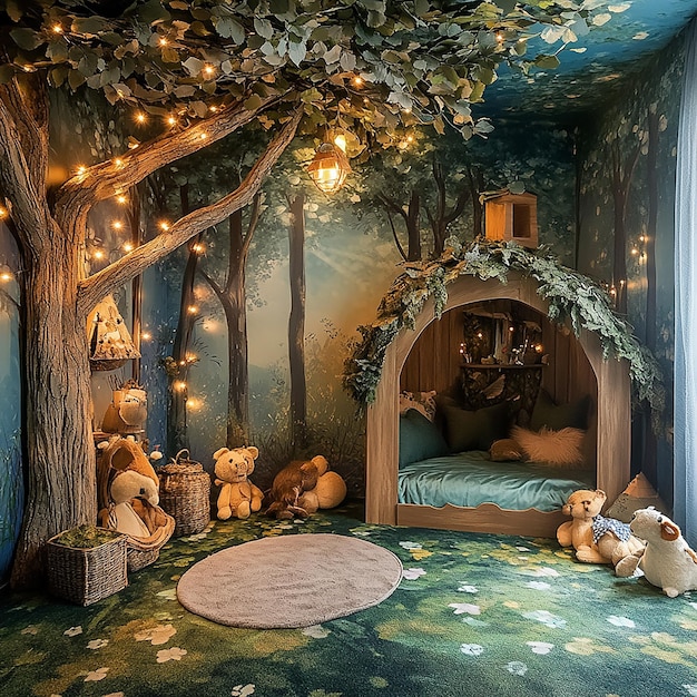 Photo a room with a tree with a bear and a box of teddy bears